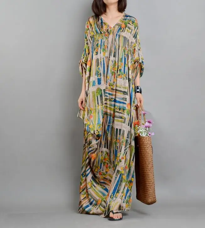 

Print Flower Long Women Silk Dresses Cotton Plus Size summer Silk Dresses