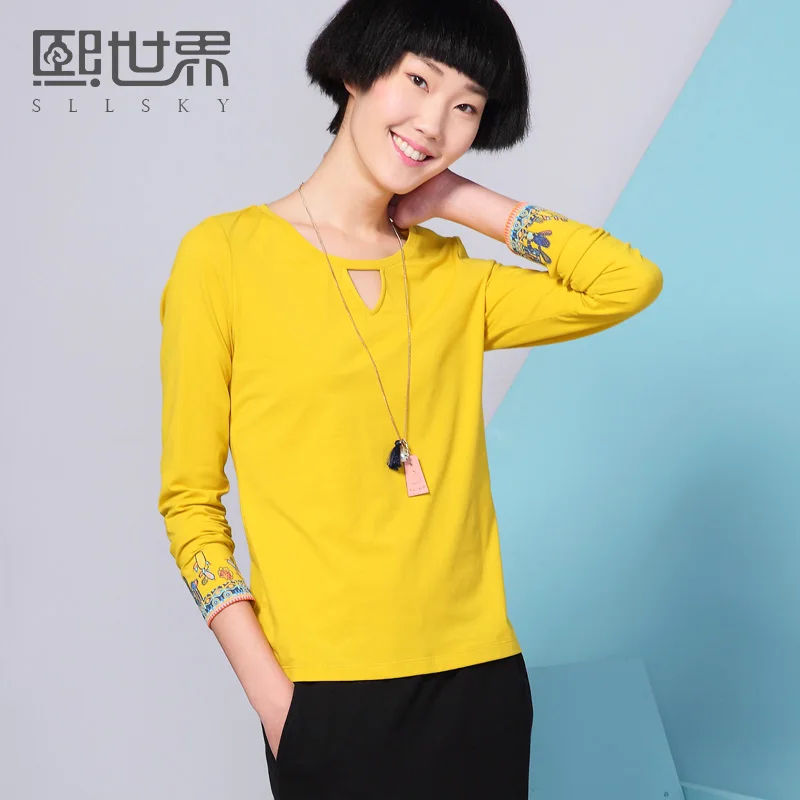 Sllsky осень 2017 г. Новый длинным рукавом Футболка Для женщин хлопок простой