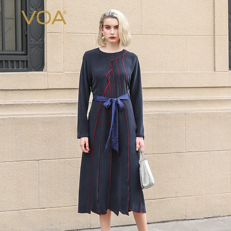 VOA Подиум пояса миди платье для женщин шелк vestido зимние платья Китай одежда sukienki jurken дамы с длинным рукавом A10091