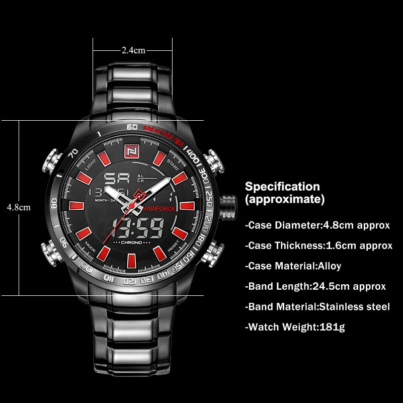 

Men Sport Watches NAVIFORCE Brand Fashion Dual Display Watches LED Digital Watch Stainless Steel Gift Quartz Watch Wristwatches