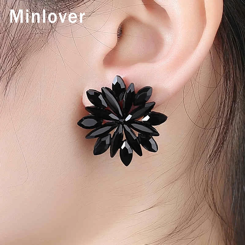 Классические черные серьги-гвоздики Minlover в форме цветка с кристаллами для женщин