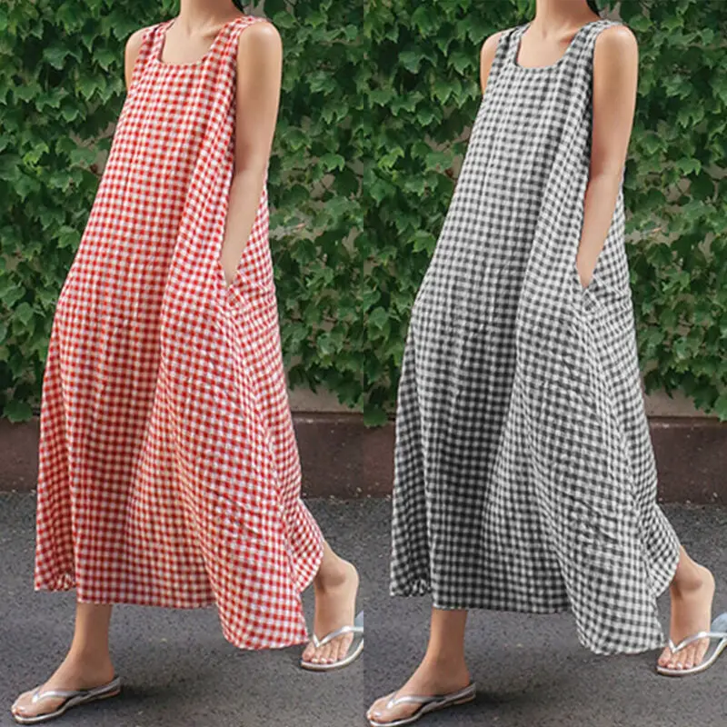 Size Shirt Plaid Cotton Sundress Check Dress Linen Maxi Plus Long Womens Baggy Dress