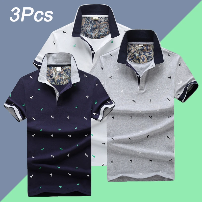 Мужская хлопковая рубашка-поло летняя приталенная рубашка в горошек с принтом