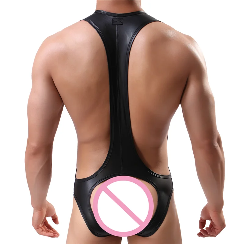 Sexy One Piece Bodysuits Mens Undershirts PU Leather Jumpsuits Teddies Shapers Gay Men Underwear Leotard Nightwear Undershirt