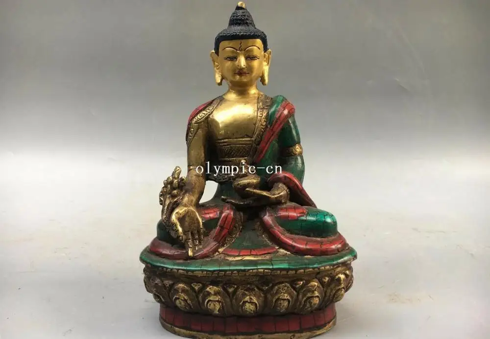 

8'' bronze gold inlay turquoise gemstone tibetan Bhaisajyaguru Medicine Buddha