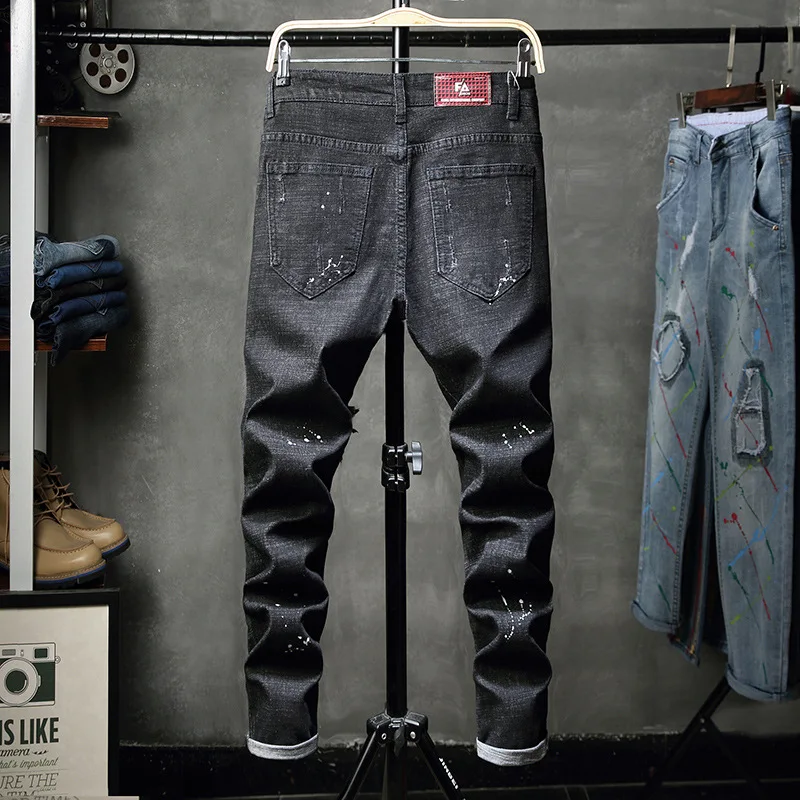 

2019 New Brand High Street Fashion Men's Jeans Black Color Hip Hop Jeans Men Skinny Fit Ripped Patch Graffiti Stretch Jeans