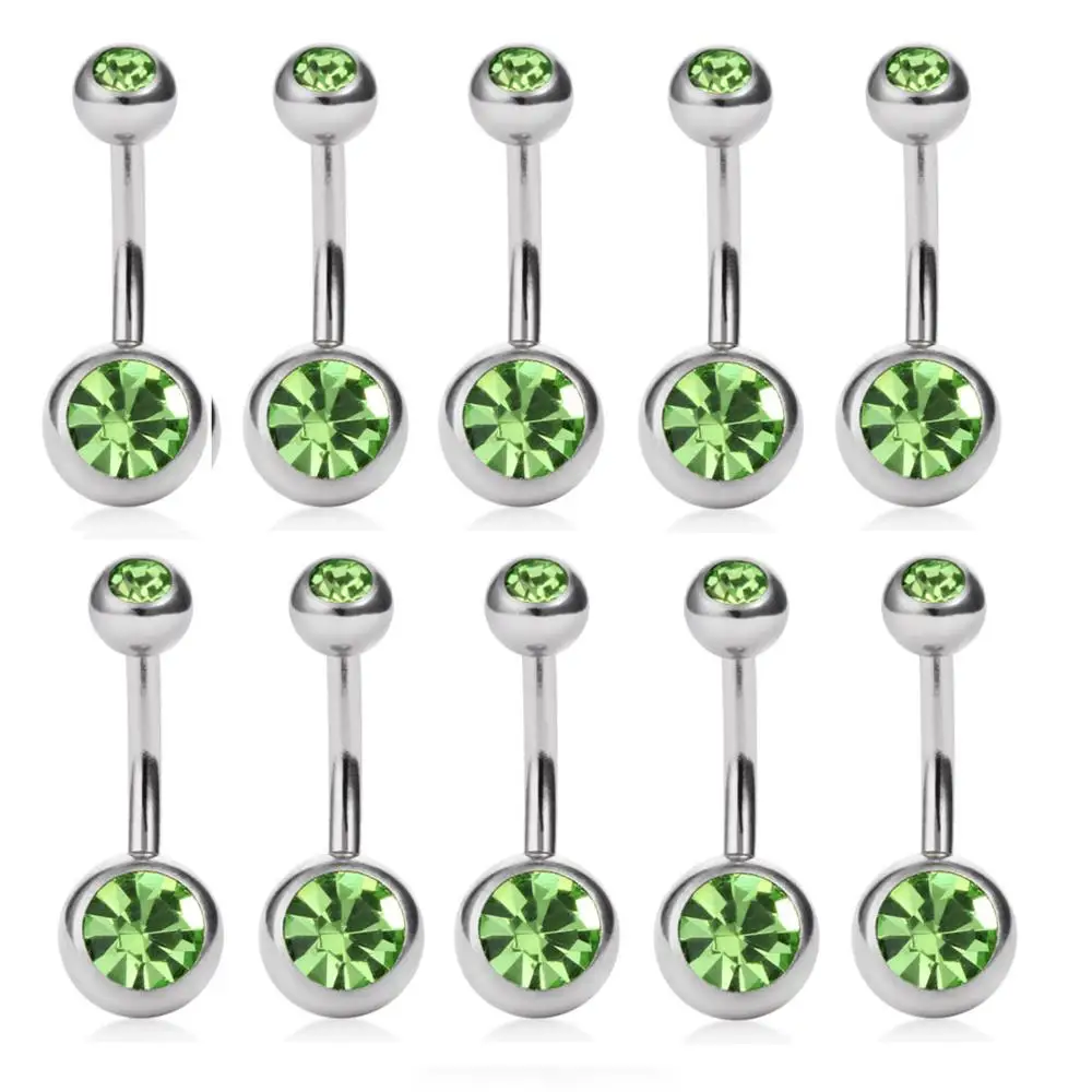 10pcs green 10 шт./компл. присинг для тела Crystal Bell двойной головкой фианиты кристаллы пирсинг-серьги для пупка винт штангой барная спиральная Сталь бижу, ювелирное изделие для тела, DQ58 - Окраска металла: 10pcs green