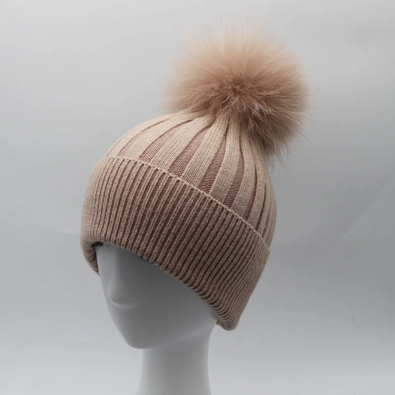

FURANDOWN 2018 Winter Knitted Wool Cap Real Fur Pom pom Beanies Women Pompones Colores Hat