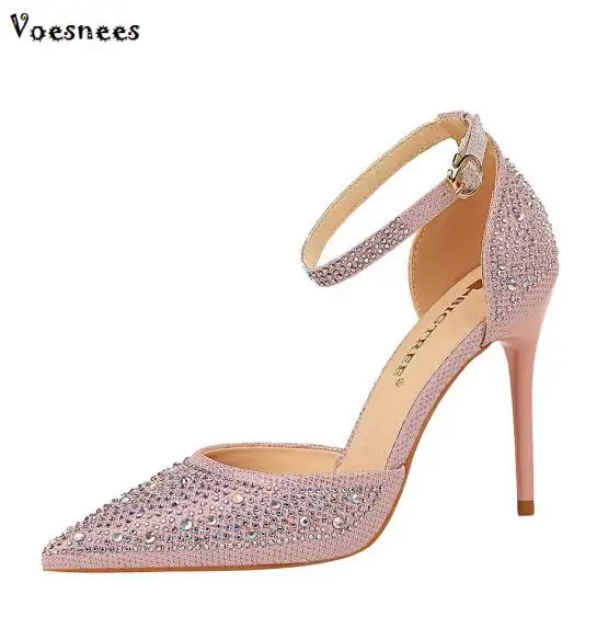 

2019 New Crystal Woman Sandals Sexy Pointed Toe Pearl Thin High Heels 10CM Shoes Female Fashion Hollow Sandals Shoes Women Pumps