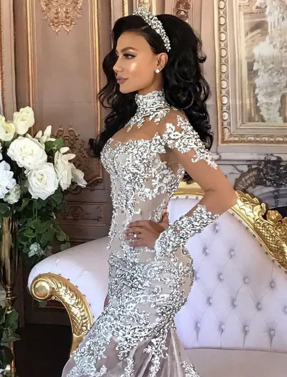 Bling Роскошные бусины Русалка Прозрачный одежда с длинным рукавом свадебное платье высокое средства ухода за кожей Шеи Overskirt Свадебные платья