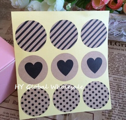 

90PCS Vintage Fashion Heart+Dots+Twill series Round Kraft paper Sticker for Handmade Products Gift seal sticker label