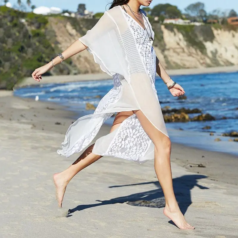 Летнее шифоновое кружевное пляжное платье для женщин большие размеры