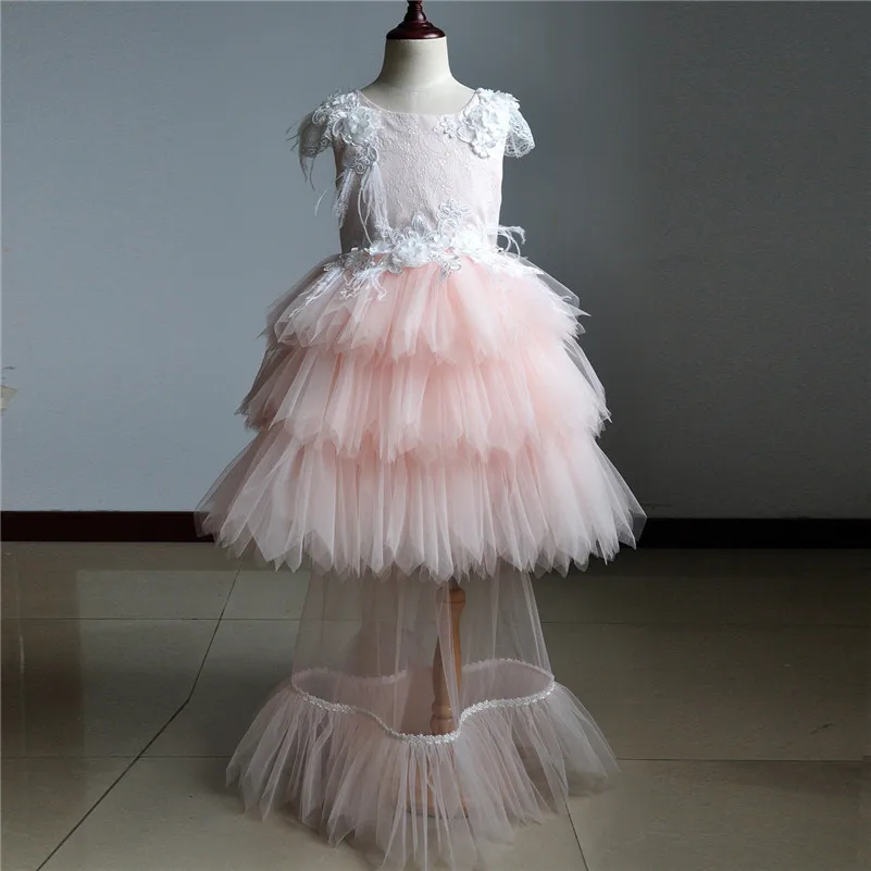 New Lace Feathers Girl Flower Wedding Prom Gown Children Long Trained Evening Dress Girls Events Party Wear Kid Clothing G511 | Детская