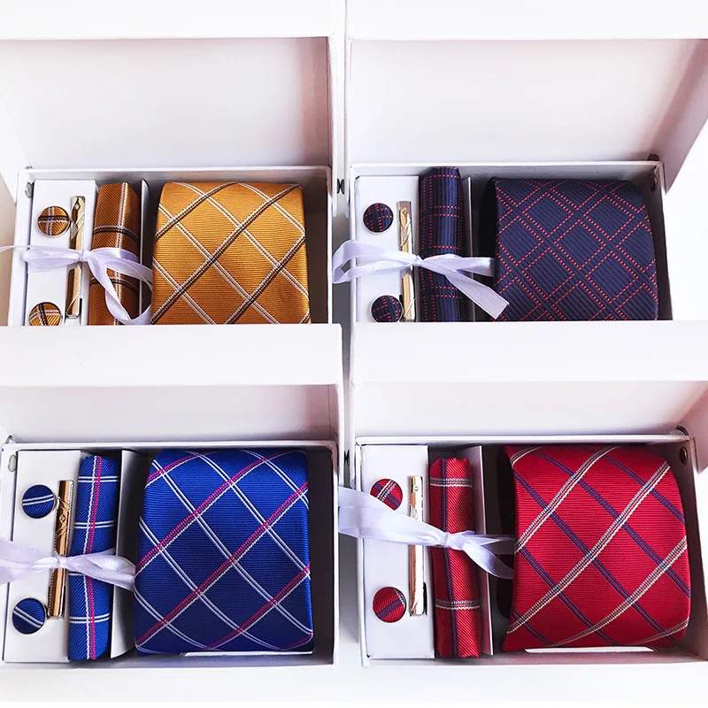 Mens  Stripe Check Dot Tie Gift Box Set Fashion Accessories Set Best GIFT for Him