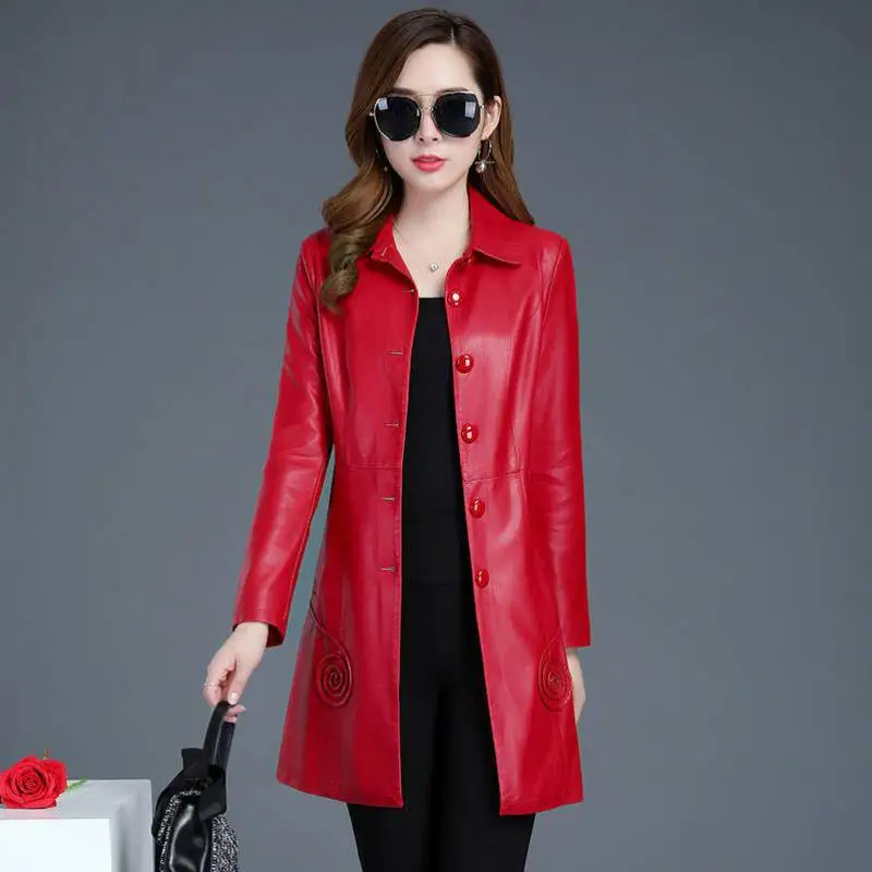 

6XL Red autumn long PU leather jacket jacket 2019 Korean fashion single-breasted spring bomberka damska veste femme Plus size