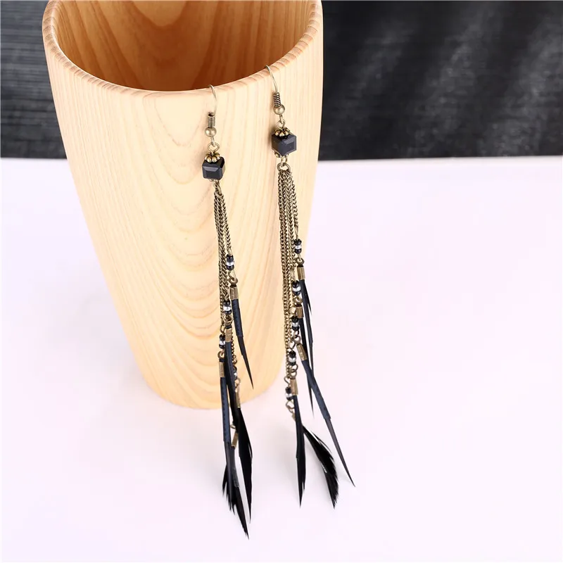 2019 Ethnic Bohemian alloy black feather earrings Boho vintage indian long earring for women Charm jewellery | Украшения и