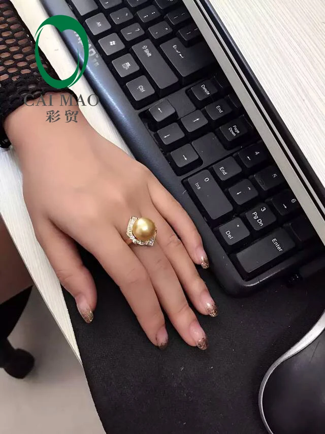 14k жёлтое золото драгоценное Южно-морское жемчужное кольцо багет от