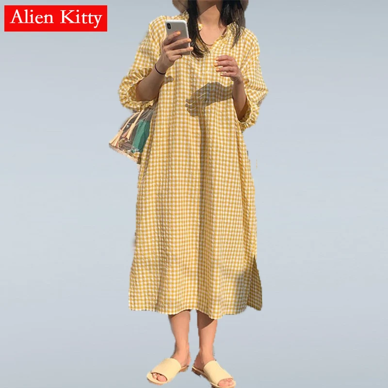 Alien Kitty Chic Summer Plaid Lazy Style Casual Sweet Sunscreen High Quality Lace Up Loose Short Sleeve All-Match Yellow Dress | Женская