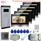 7-дюймовые видеодомофоны для частных домов, управление доступом, 5 кнопок + 5 мониторов, домофон в доме + электронный дверной замок