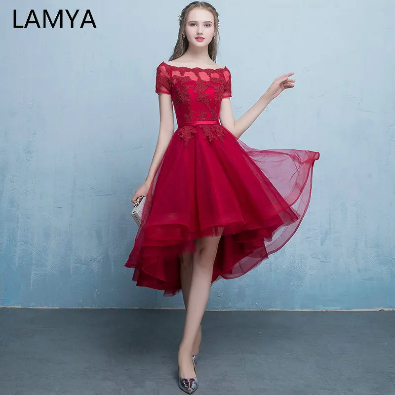 LAMYA Высокая Низкая вечернее платье Элегантное короткое Кружевное платье с рукавом для выпускного вечера недорогое винтажное платье размера плюс vestido de festa