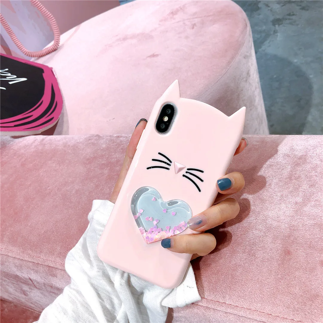 3D Кот Чехол для iphone X 8 7 6 6s плюс мягкий силиконовый чехол жидкость сердце Плывун