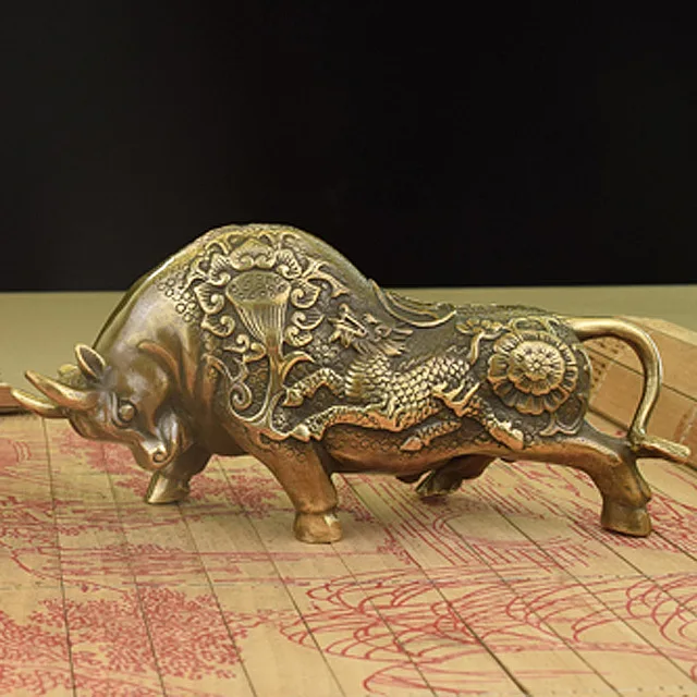 Китай латунь бронза fengshui богатство бык статуя металла ремесло Семья украшения