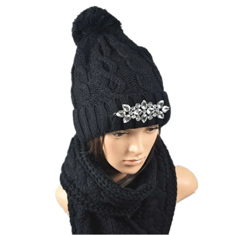 Russian Style New Women Hat Scarf Gloves 3pcs Set Warm Knitted Winter Wool Thicker With Crystal Rhinestone | Аксессуары для одежды
