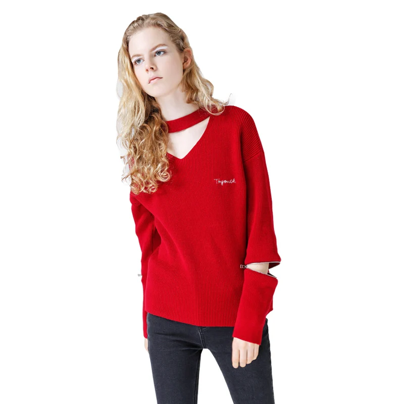 Toyouth Knitted Sweater Women 2019 Autumn Red Bla Pullover Sexy Halter Neck Long Sleeve Jumpers Pull Femme sweter mujer | Женская одежда