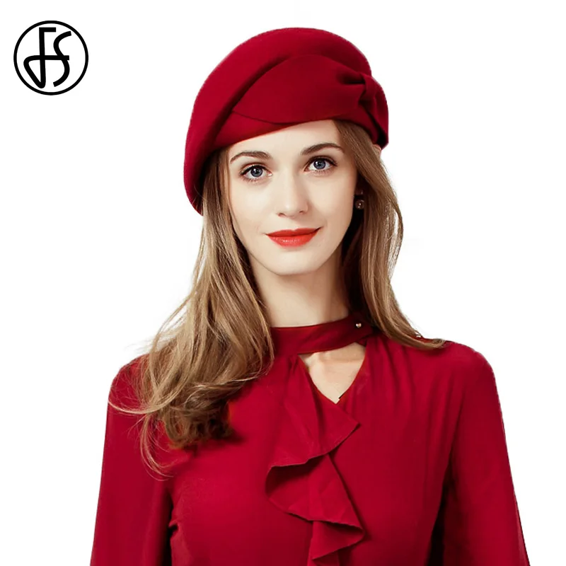 

FS 100% Wool Vintage Felt Fedora Wedding Hat For Women Elegant Black Red Lady Fascinator Pillbox Hats Female Beret With Bowknot