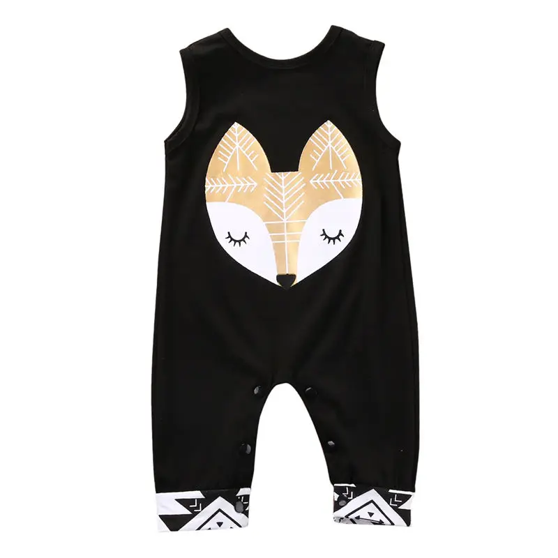 

Newborn Kid Baby Boy Girl Clothes Rompers Sleeveless Cartoon Fox Printed Black Jumpsuit Baby Clothes Outfit