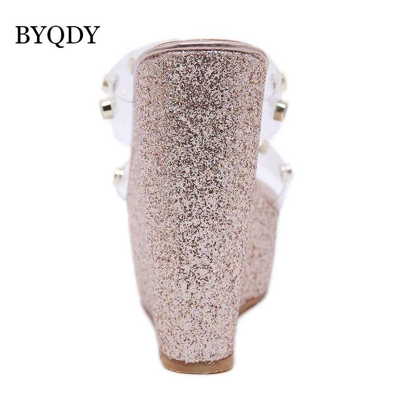 BYQDY Platform Wedges Woman Summer Sandals 2019 New Colorful Rivet Designer Women Outerwear Shoes Slip On PVC Gold Silver | Обувь