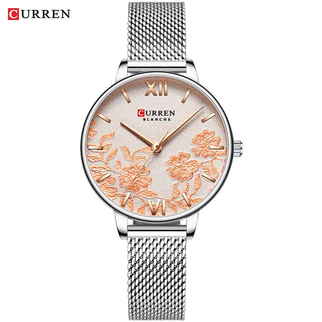 S-silver CURREN Новые Модные Простые Женские часы цветок из нержавеющей стали стеклянные Кварцевые женские наручные часы Сельма повседневные водонепроницаемые женские часы - Цвет: S-silver