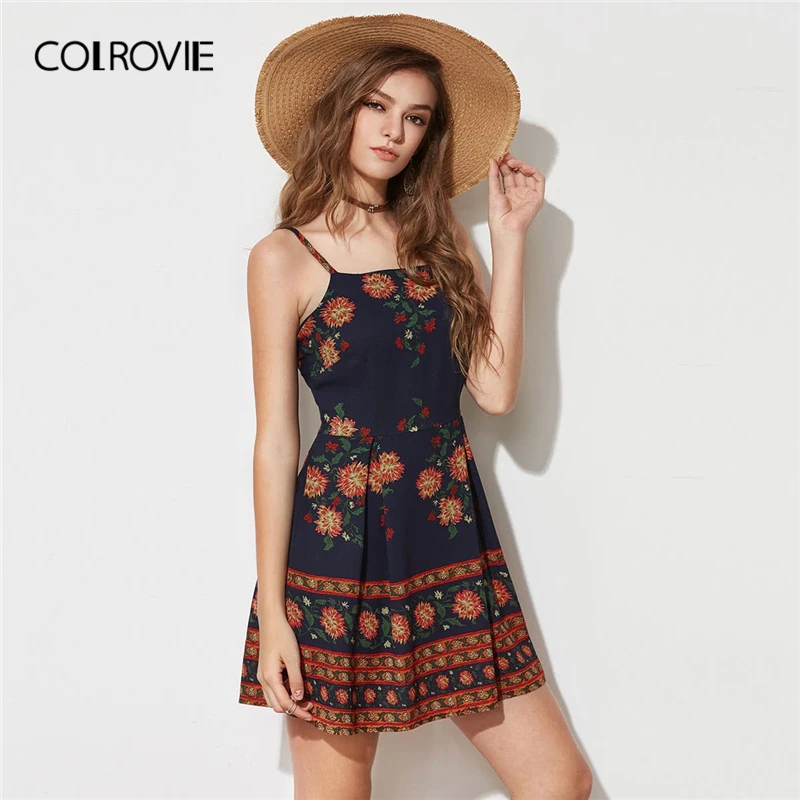 COLROVIE Floral Print Sleeveless Boho Cami Short Dress Women Summer Holiday Sundress Vacation Flared Sexy Girly Dresses