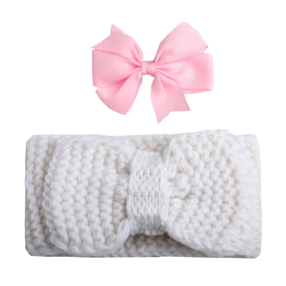 Two Matching Baby Girl Headbands Super Cute Bow Snood Barrettes Combination Set Winter Accessories |