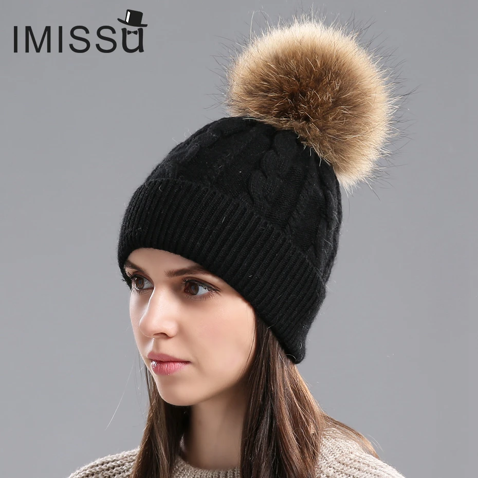 

IMISSU Women Winter Hat Wool Knitted Beanies Cap Real Natural Raccoon Fur Pompom Hats for Girls Ski Gorros Cap Female Causal Hat