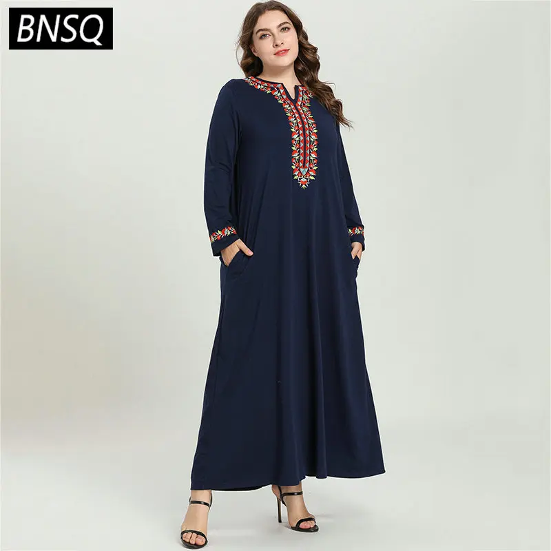 BNSQ Цветочная вышивка Макси длинное платье Элегантное этническое мусульманское