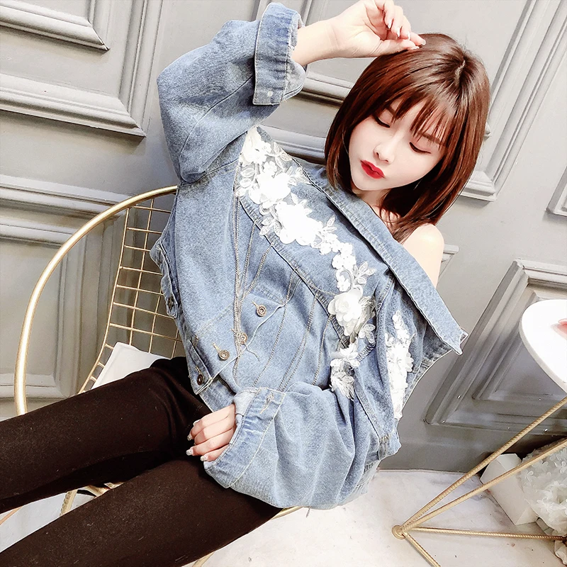 Женская джинсовая куртка MUMUZI Весенняя с цветочным принтом на спине Джинсовая