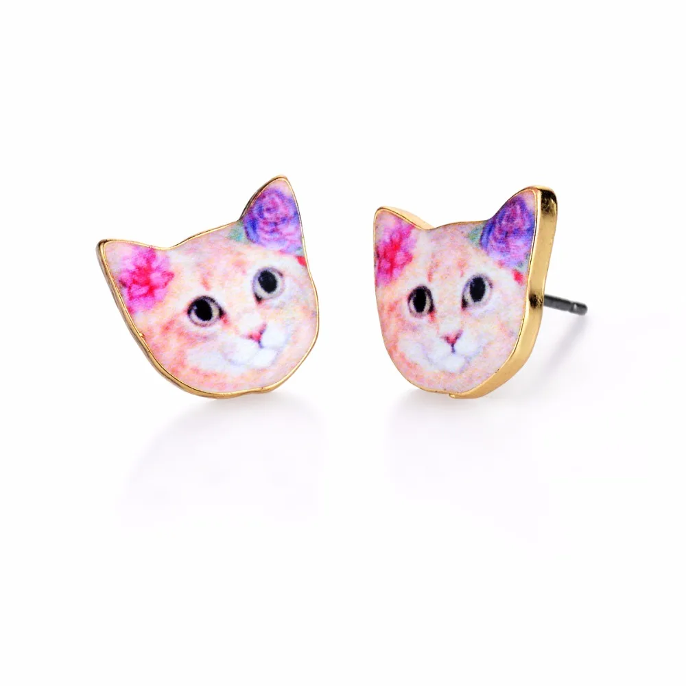 yiustar Pink Haired Cute Cat Stud Earring for Women Offbeat Jewelry Oil Painted Girls Gifts OED074 | Украшения и аксессуары