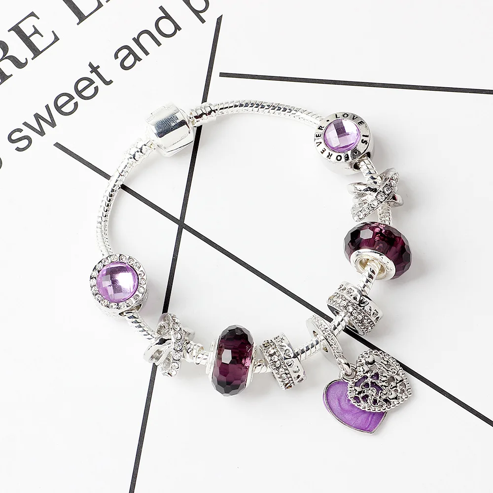 Посеребренный браслет с бусинами Forever Love Family Heart Galaxy Snake Chain базовый