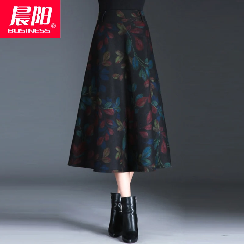 Размера плюс 4XL! печатных Для женщин шерстяные юбки модные зимние Высокая Талия теплая шерсть юбки женские Высокая талия юбка-трапеция - Цвет: mid calf