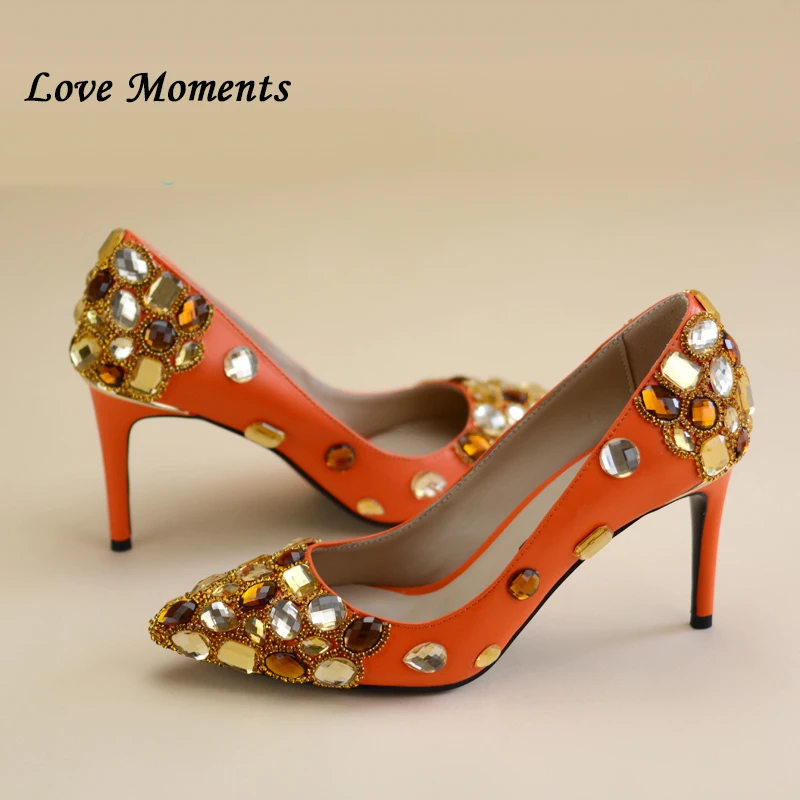 Love Moments/женские туфли-лодочки из натуральной кожи модные свадебные туфли оранжевого цвета с острым носком 8 см и сумочкой в комплекте женская обувь на каблуках