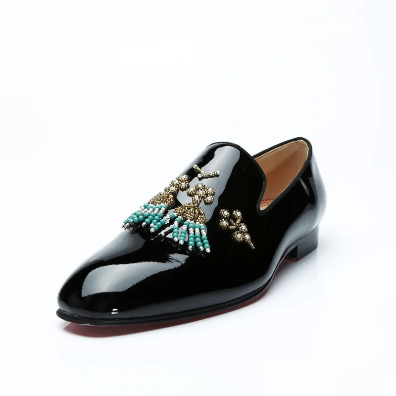 Qianruiti Men's String Beading Shoes Rhinestone Slip-on Loafers Patent Leather EU39-EU46 Customized color Men Casual | Обувь