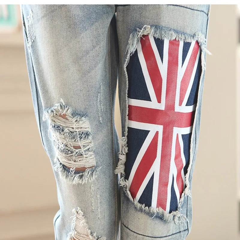 Флаг патч рваные джинсы-бойфренды Для женщин с Высокая талия джинсы для девочек