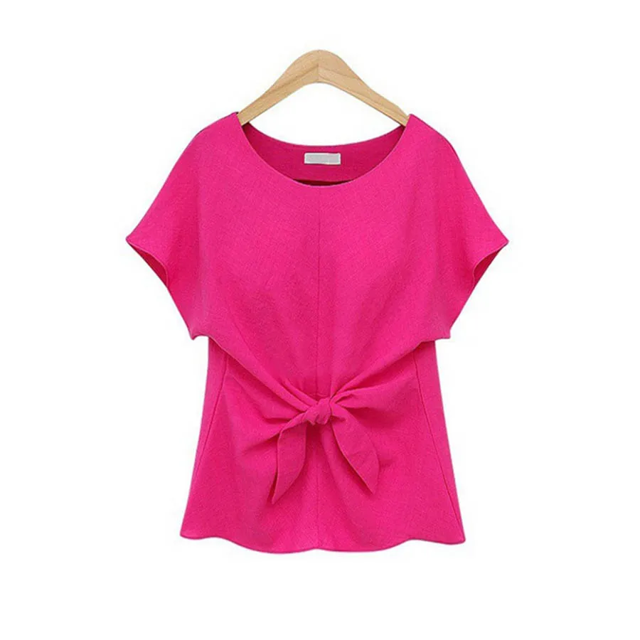 

European & American Large Size Women's Shirt New O-neck Solid Color Bow Tie Skin-friendly Chiffon Shirt Short Sleeve Clothings