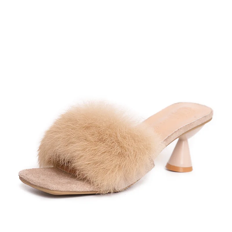 Женские пушистые тапочки 2019 женские плюшевые с лисьим мехом меховые на среднем
