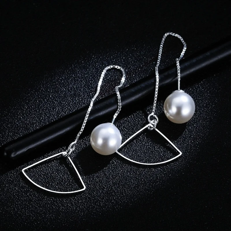 

OMHXZJ Wholesale European Fashion Woman Girl Party Wedding Gift Pearl Geometric Earlines 925 Sterling Silver Drop Earrings EA286