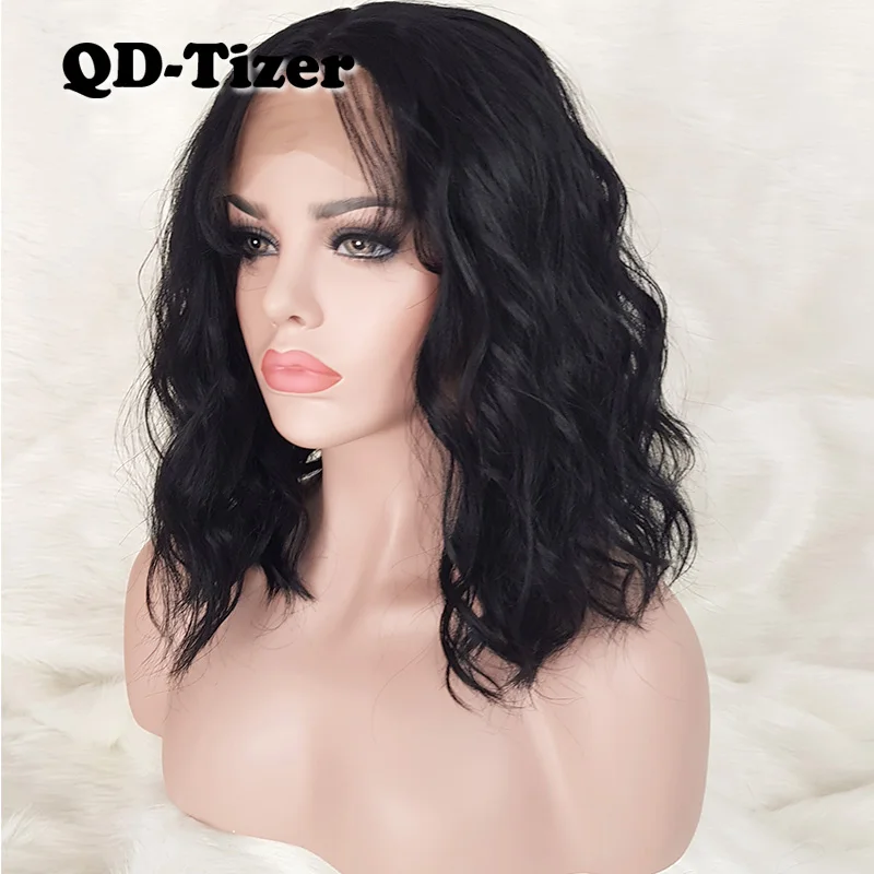 QD-Tizer BOB парики, короткие волнистые волосы, синтетические кружевные передние парики черного цвета, синтетические кружевные парики с детскими волосами для женщин