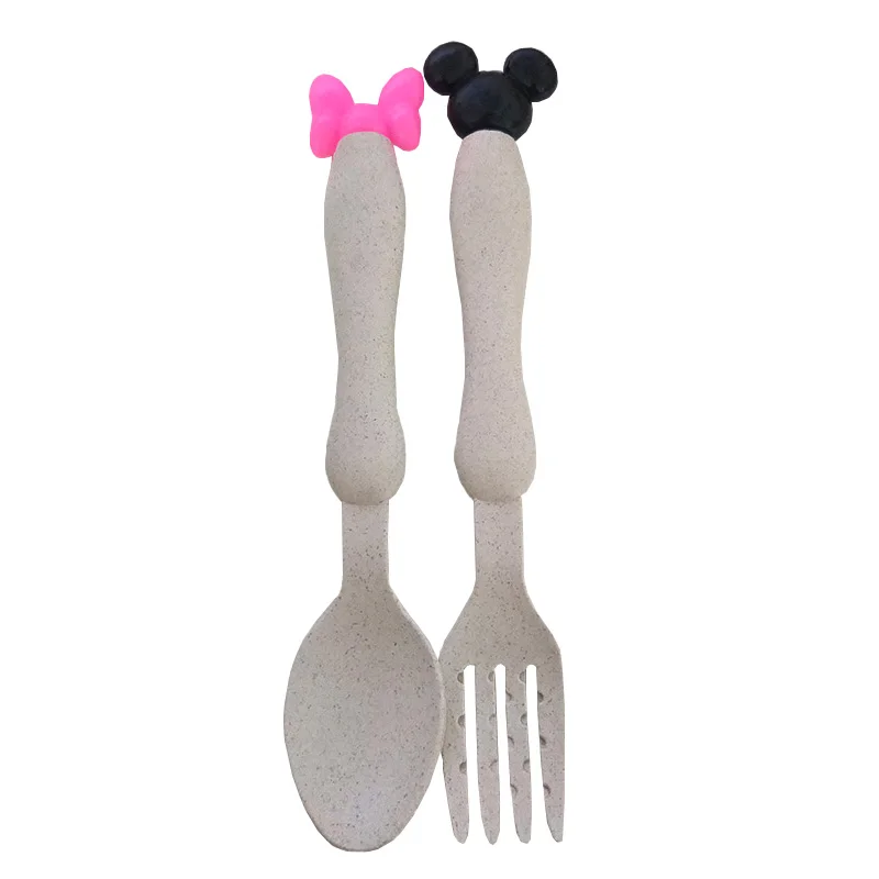 beige spoon fork Миска Rosiky из пшеничной соломы, детский набор посуды с рисунком из мультфильма, детская обеденная тарелка, детская тренировочная миска, 1 шт., миска, ложка, вилка для детей - Цвет: beige spoon fork