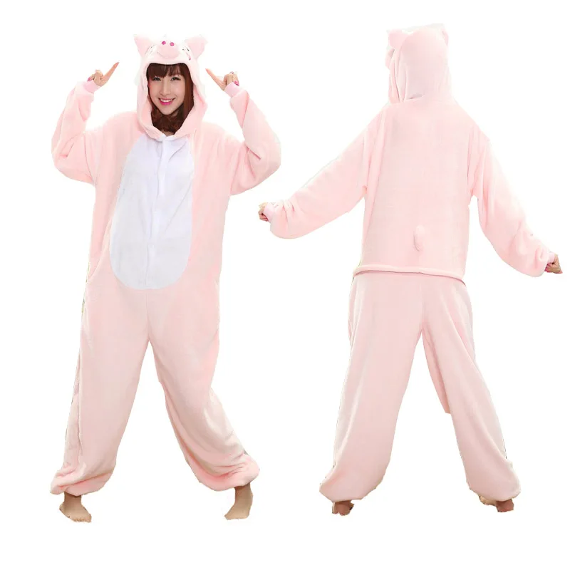 pink pig Комплекты пижам для взрослых с животными, пижама с единорогом, стежка, Акула, кигуруми, единороги для женщин и мужчин, теплая Фланелевая пижама с капюшоном - Цвет: pink pig