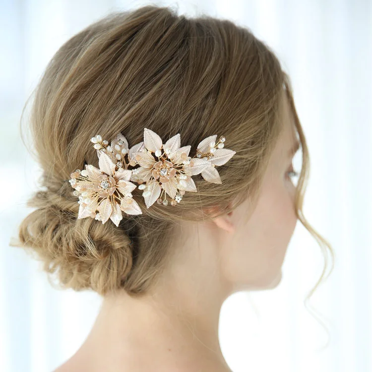 

Freshwater Pearls Women Hair Jewelry Gold Leaf Wedding Headpiece Handmade Bridal Hair Comb Accessories